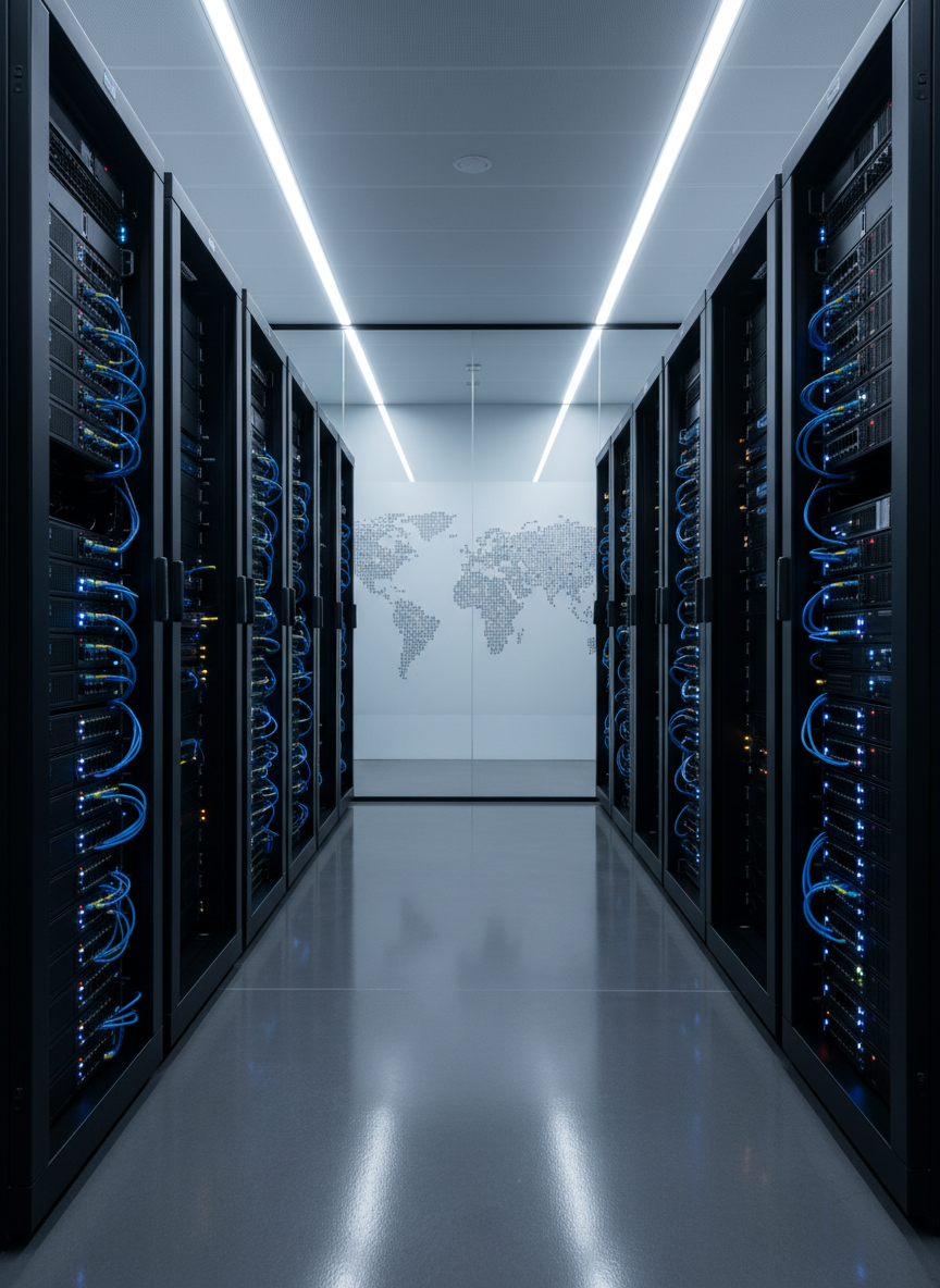 A sleek glass-walled server room filled with tall black racks of neatly wired servers and network switches, each device displaying subtle blue and white status LEDs. The polished dark floor reflects the equipment with gentle clarity. Soft, cool overhead LED lighting creates a clean, clinical glow, casting precise, minimal shadows and emphasizing the symmetry of the aisle. In the far background, a frosted glass wall with an abstract world map graphic suggests global connectivity. Captured at eye level with a slightly centered, wide-angle composition and sharp focus from front to back, the photographic realism and modern aesthetic convey reliability, enterprise-grade IT infrastructure, and professional consulting expertise.