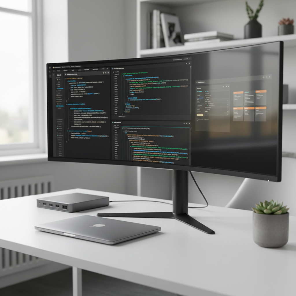 A large ultra-wide curved monitor on a clean white desk displays multiple panes of backlit code in .NET, Java, and SAP-like interface mockups, using dark themes with subtle accent colors. The monitor is flanked by a compact docking station and a closed high-end laptop with a brushed metal finish. A minimalistic plant in a matte gray pot softens the tech-heavy scene. Soft daylight from a nearby window washes across the desk, creating gentle reflections on the screen without glare. The mood is focused and organized, with a slightly elevated camera angle and shallow depth of field that keeps the code crisp while the background office shelves blur, emphasizing professional software development and consulting services in a contemporary, realistic style.