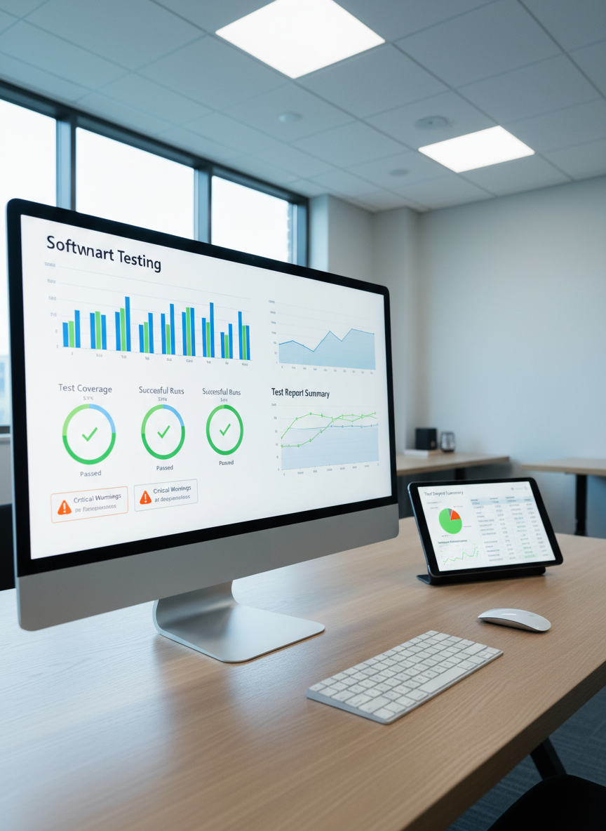 An automated software testing dashboard displayed on a high-resolution monitor, showing clean graphs of test coverage, green success indicators, and a few highlighted orange warnings. Beside the monitor, a tablet lies flat, presenting a complementary test report with structured tables and charts. The desk surface is a light oak wood, uncluttered except for a wireless keyboard and mouse. Cool, diffused office lighting from overhead panels and a side window creates soft, even illumination with faint shadows. Shot from a three-quarter angle at desk height, the composition follows the rule of thirds, leading the eye through the analytics. The photographic realism and calm, analytical atmosphere communicate precision, quality assurance, and robust automated testing services.